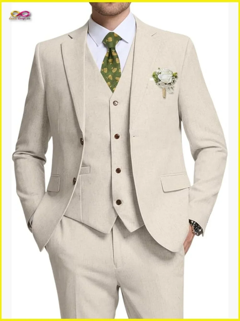 Retro Linen Suit Slim Fit 3-Piece Blazer Vest Pant Groom Wedding Tuxedo